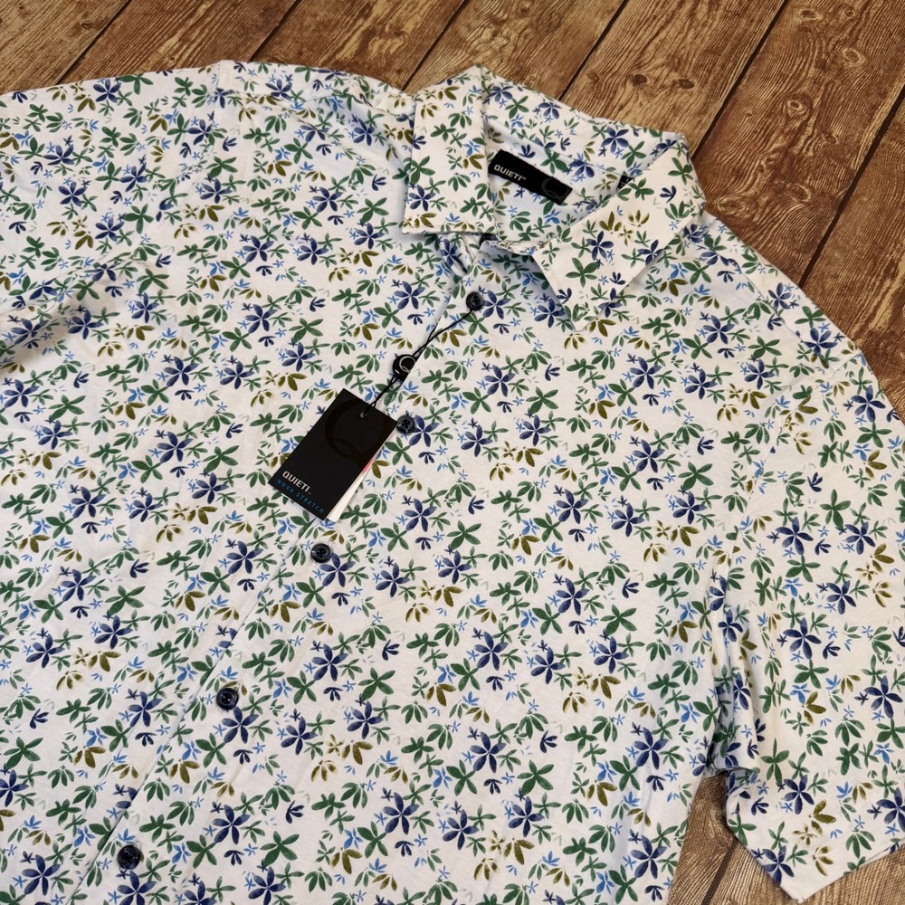 Quieti Nova Stretch Button Up Shirt Mens Large White Floral Short Sleeve NWT